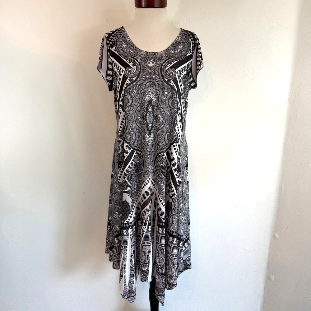 World Unity Paisley Handkerchief Hem Midi Dress Black White Stretch Boho Artsy M